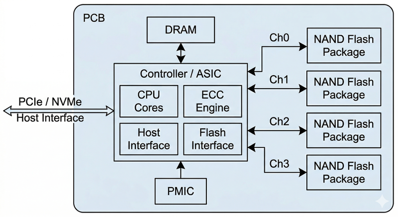 SSD Block Diagram – Controller, DRAM, NAND packages, PMIC, and host interface