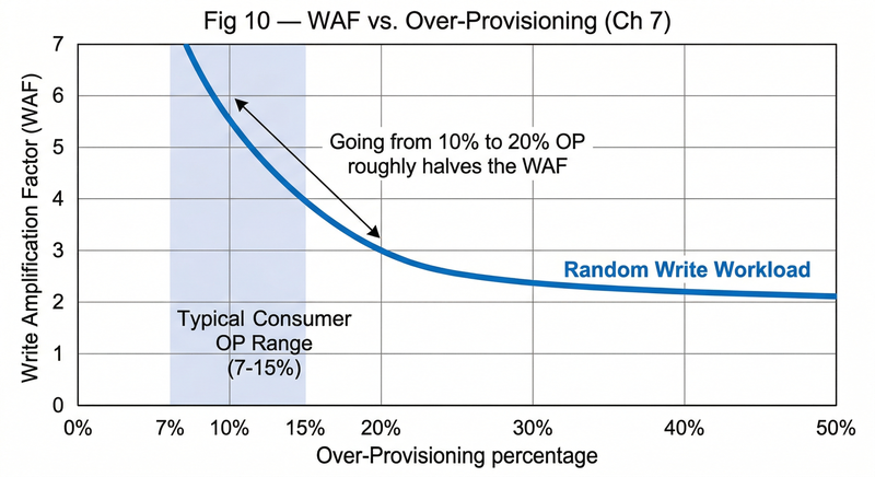 Write amplification factor vs. over-provisioning percentage