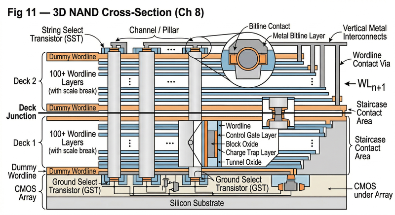 3D NAND cross-section showing dual-deck structure