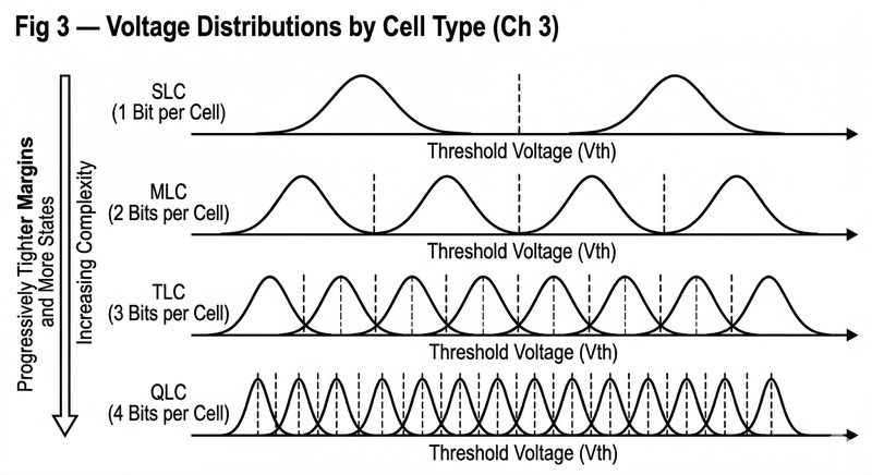 Voltage threshold distributions for SLC, MLC, TLC, and QLC