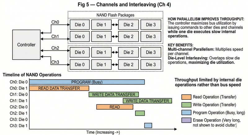 Channels and interleaving – controller overlaps operations across dies