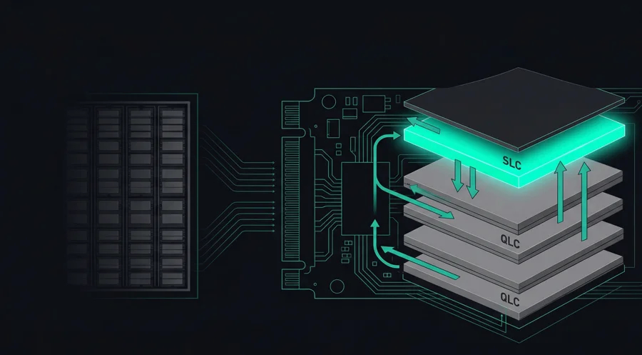 SSD cross-section showing SLC cache with bidirectional data flow to QLC NAND layers