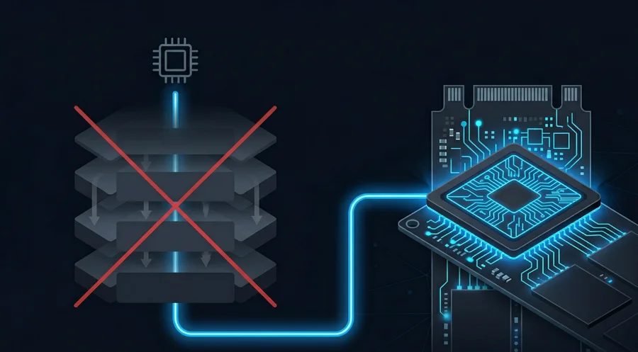 NVMe driver stack bypass — legacy layered stack crossed out, direct NVMe-native path highlighted